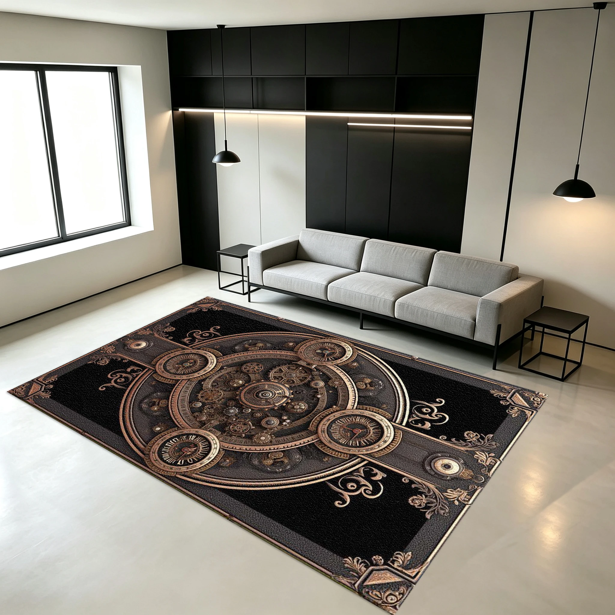 Retro Steampunk Gear Clock Decorative Lace Frame Carpet Floor Non-Slip Mat