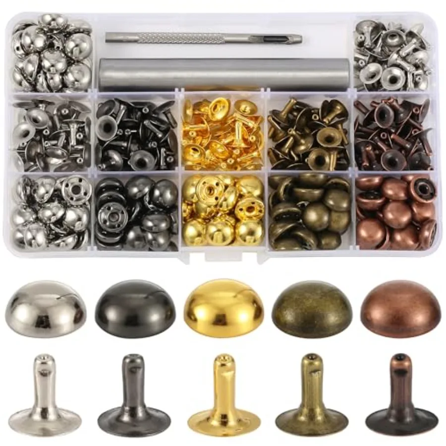

150 Sets 12x6mm Round Dome Leather Rivets Studs for Clothing Purse Feet for Handbags Studs and Spikes with Hole Punch and Mushr