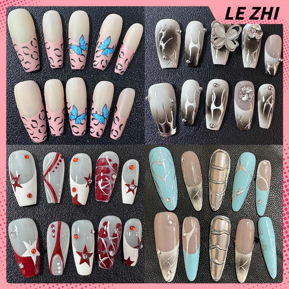 

Y2K Spice Girl French Long Coffin Stiletto Press On Nail Leopard Print Butterfly Magic Mirror Powder Diamond Acrylic Nail Tips