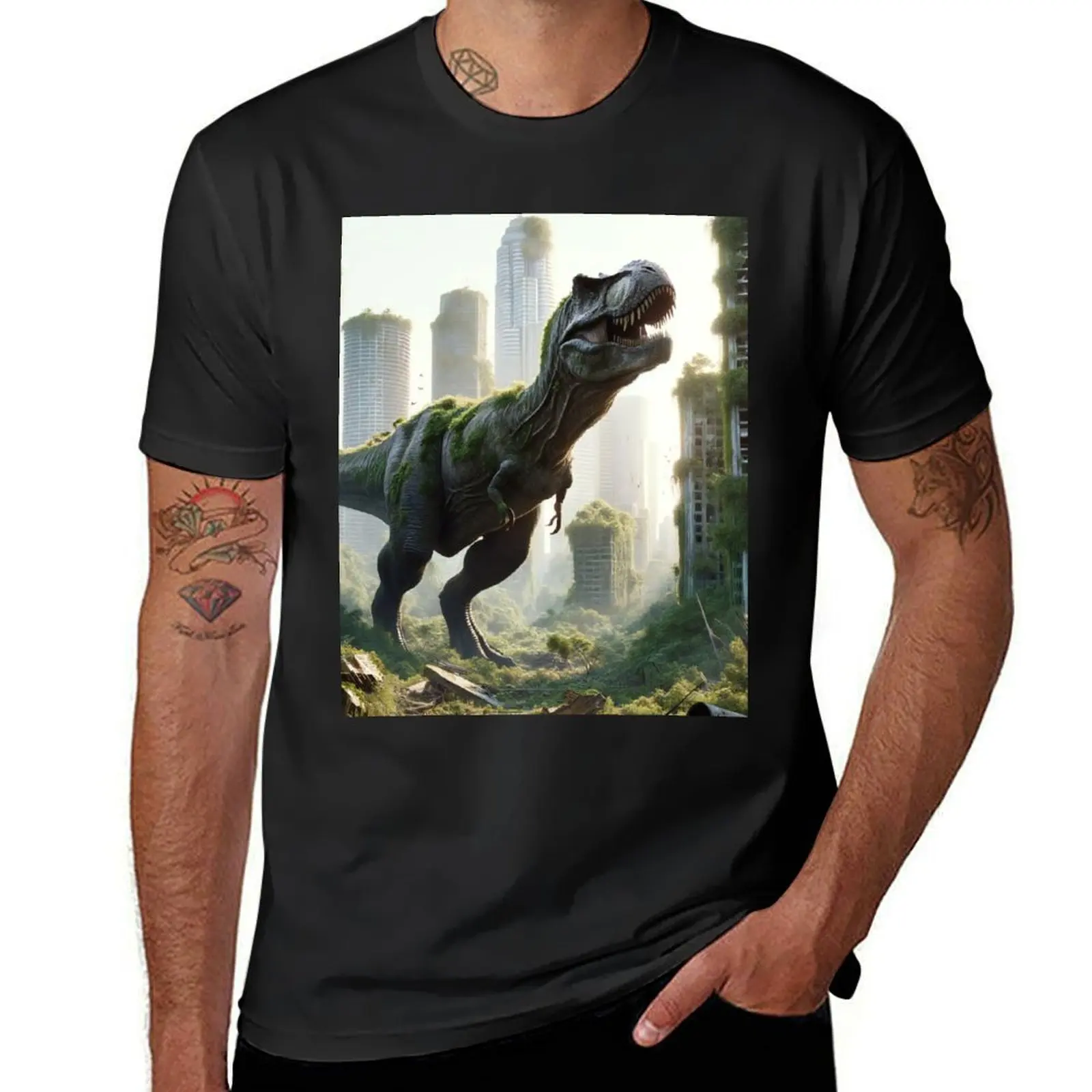 

T rex roaming through a sunlit overgrown cityscape. T-Shirt graphics plain summer tops mens graphic t-shirts