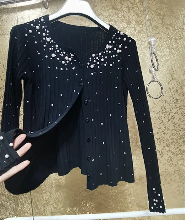 

Pearl black knit top women drill thin sunscreen stretch cardigan sweater