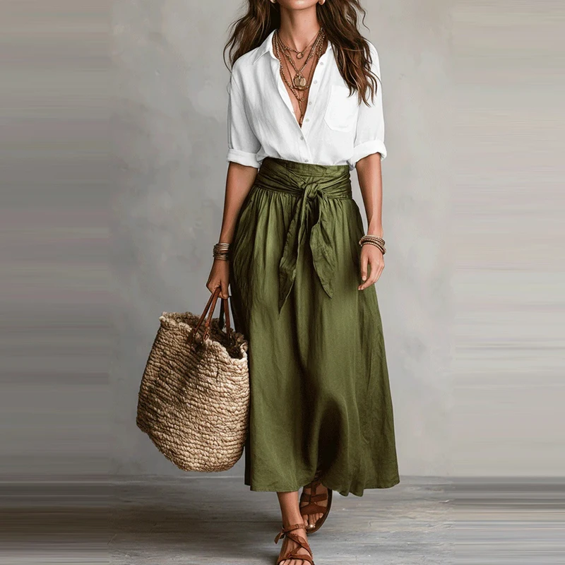 

Long Sleeved Vacation Style Draped 2Pc Suit Women Fashion High Waist Party Set Elegant Lapel Button Shirt & Bowknot Skirt Outfit