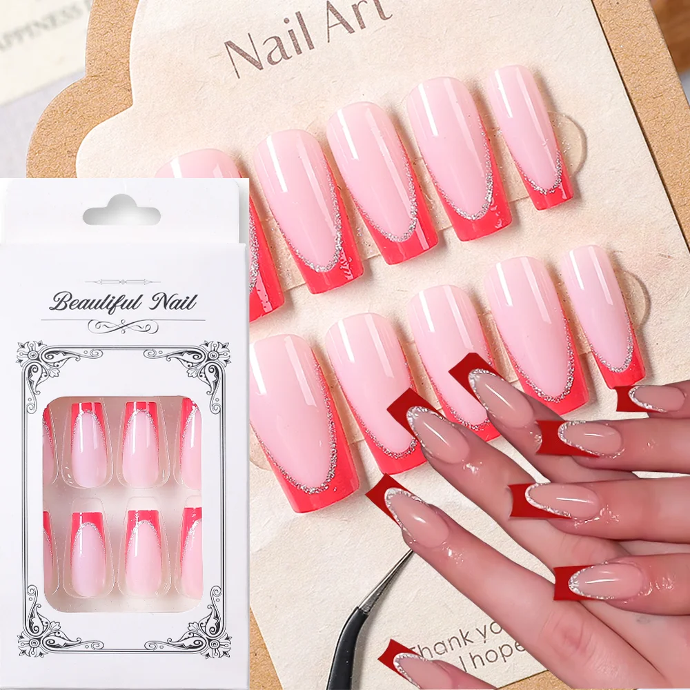 

24Pcs French Ballet Fake Nails with Red Edge&Glitter Line Long Coffin Shaped Press On Nail for Girls Women Wearable False Nails