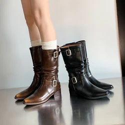 2024 Autumn/winter Women Boots Square Toe Chunky Heels Boots for Women Fold Chelsea Belt Buckle Boots Mid-calf Women Shoes