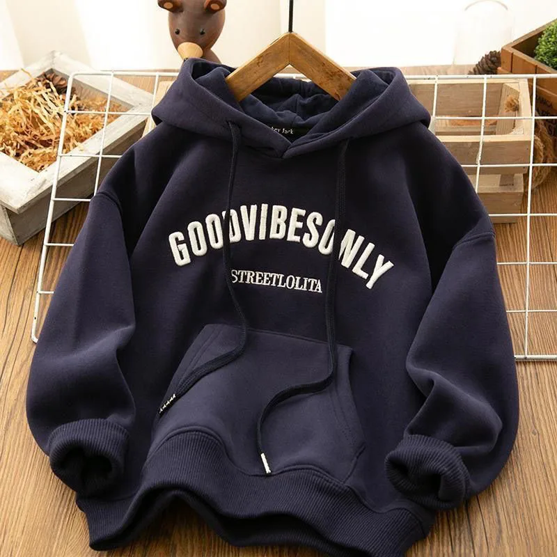 Autumn Winter Thicken Warm Hoodies Women Harajuku Letter Print Plus Velvet Sweatshirts Wild Pockets Hooded Pullovers