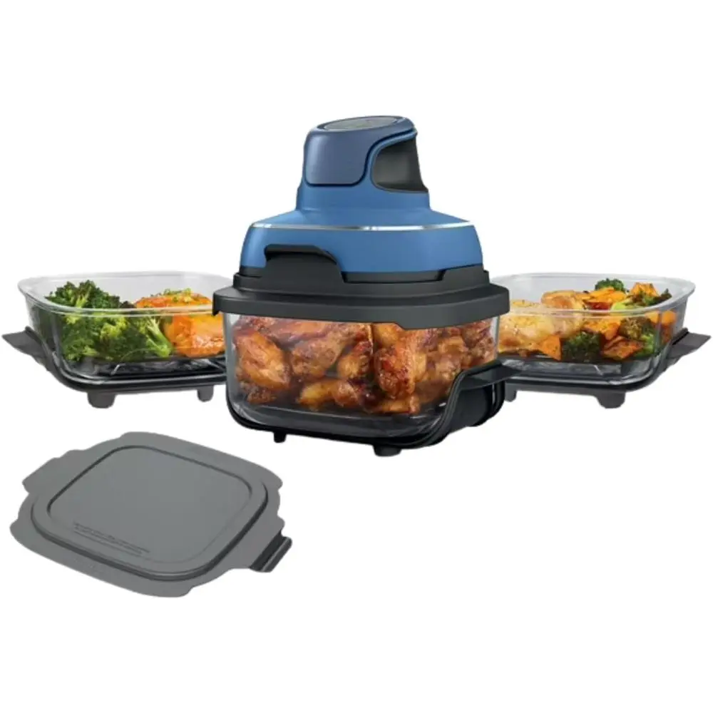 

5-in-1 Portable Glass Air ryer Cooking System with 3 Containers (6-Cup, 2.5 Qt, 4 Qt), 1500W, PAS-ree, Dishwasher & Microwave Sa