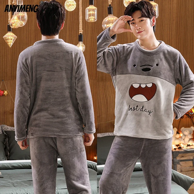 

Winter New Mens Pajamas Cute Bears Embroidary Soft Flannel Leisure Sleepwear for Men Boys Casual Pajama Preppy Style Man Pijama