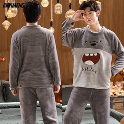 Winter New Mens Pajamas Cute Bears Embroidary Soft Flannel Leisure Sleepwear for Men Boys Casual Pajama Preppy Style Man Pijama