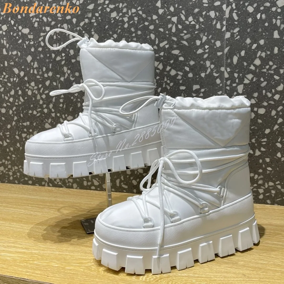 Winter Thick Sole Warm Boots Round Toe Platform Lace Up Elastic Band Solid Short Boots Leather Fur Women Shoes New Style Banquet