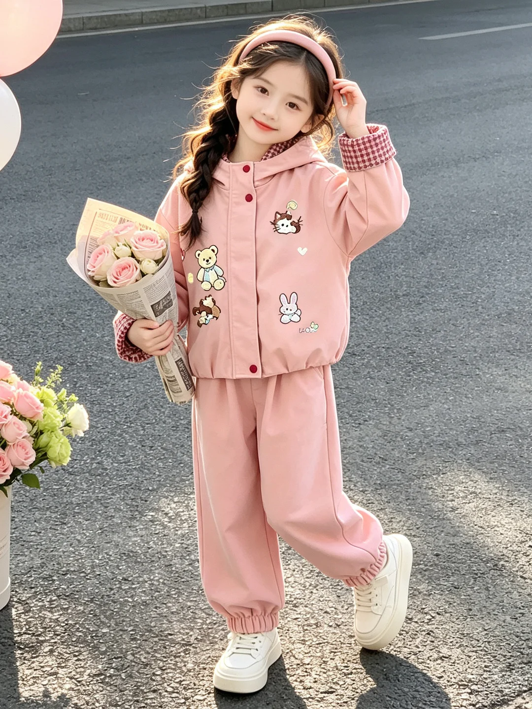 Girls Spring Autumn Bear Hooded Cardigan Jacket And Pants Two Piece Set Casual Sporty Style Pink Color Children Fashion