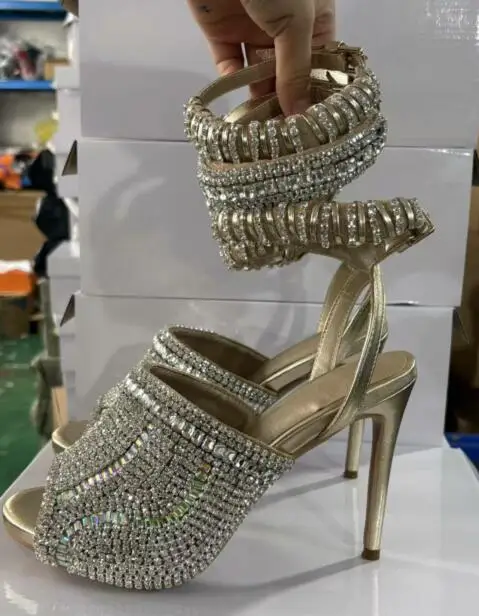Bling Silver Rhinestone Embellished Peep Toe Sandals Women Stiletto High Heel Ankle Strap Party Wedding Dress Heels Sandals Lady view 6