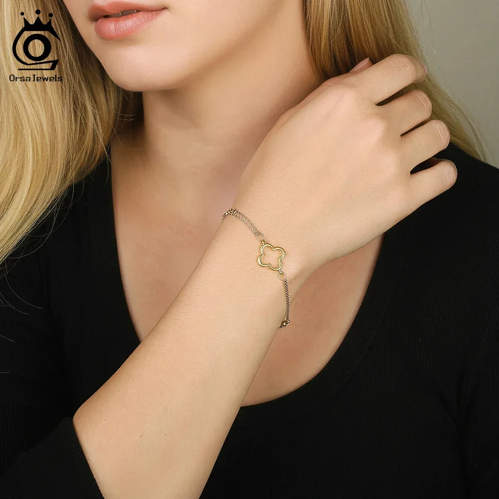 

ORSA JEWELS Lucky S925 Silver Clover Bracelet for Women 14K Gold Plated Vintage Hollow Clover Hand Chain Wedding Jewelry GAB02