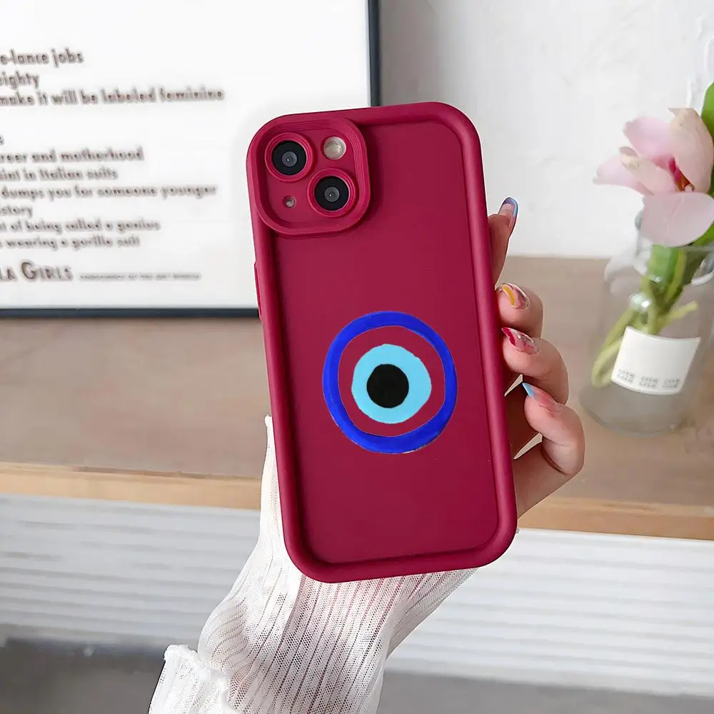 Evil Eye Illustrations Phone Case Simple Solid Color Matte Silicone For IPhone 15 16 14 13 12 11 Pro Max Plus Lens Full Protecti