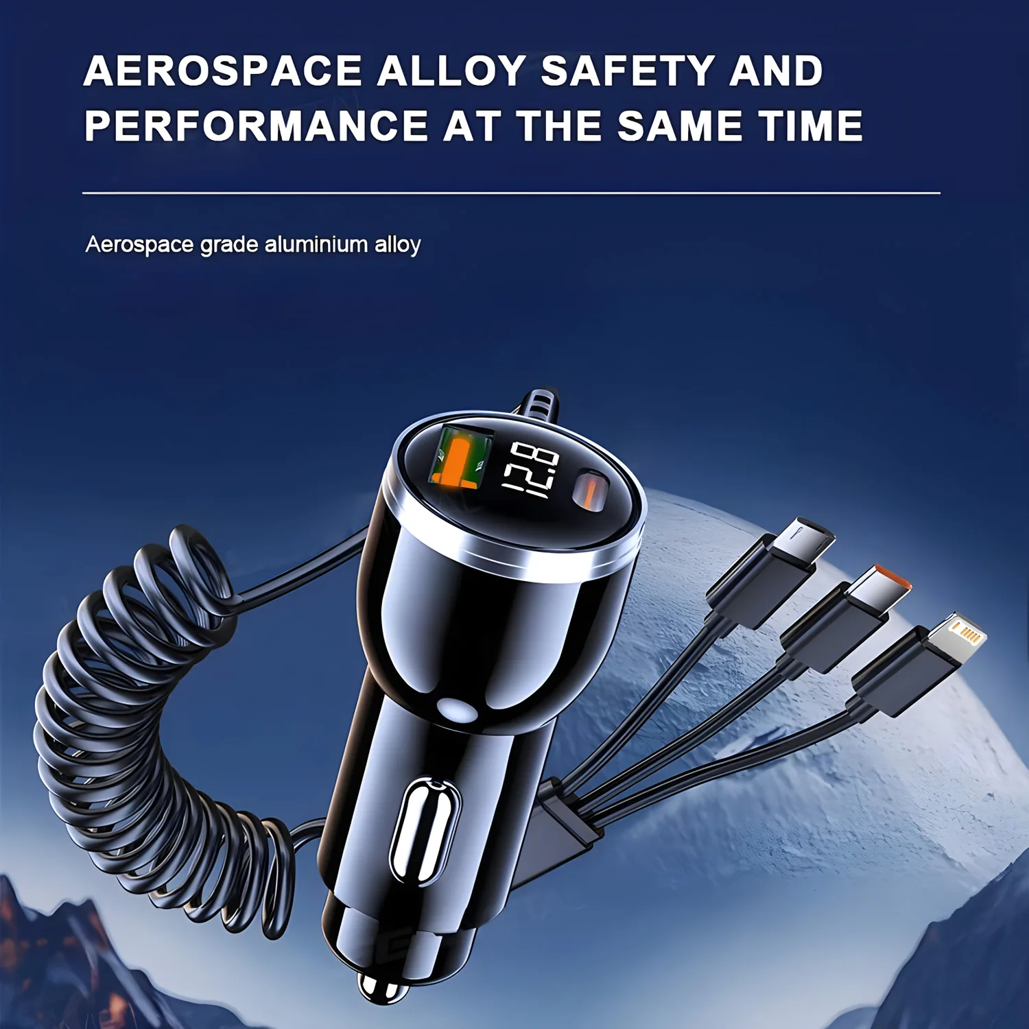 USB-адаптер автомобильного зарядного устройства для телефона с выдвижным кабелем, светодиодный монитор напряжения 4 в 1, сверхбыстрая зарядка для iPhone, Samsung, Huawei