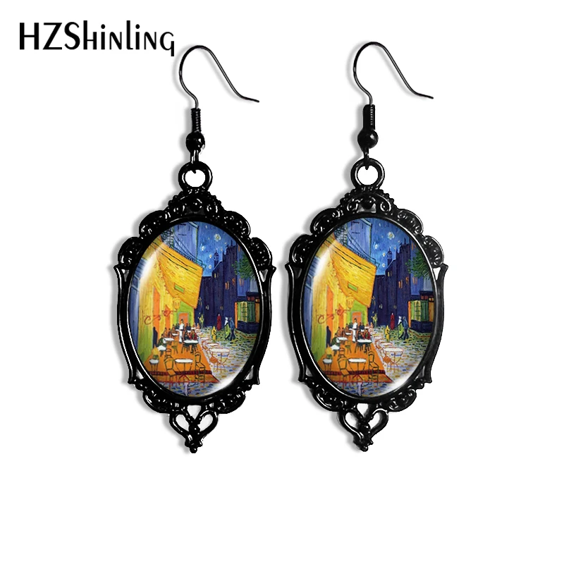 2024 New The Starry Night Oil Painting Dangle Earring Black Lace Earrings Oval Glass Photo Jewelry Gifts Party