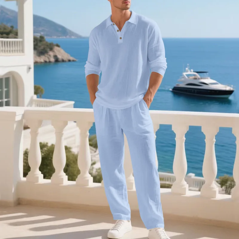 2026 Cross-border linnen heren casual losse eenvoudige poloshirt met lange mouwen en broek, tweedelig set