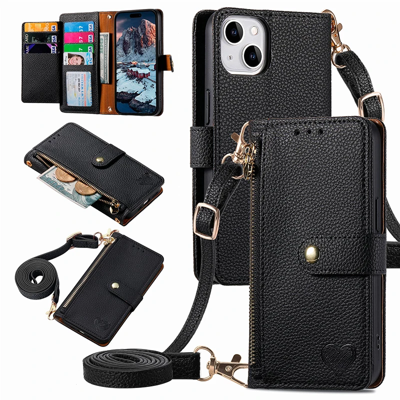 Lanyard Zipper Leather Wallet Anti-theft Case For Huawei Honor 50 Pro 60 70 80 SE 90 Lite X6 X8 X6A X7A X9A Wrist Strap Cover