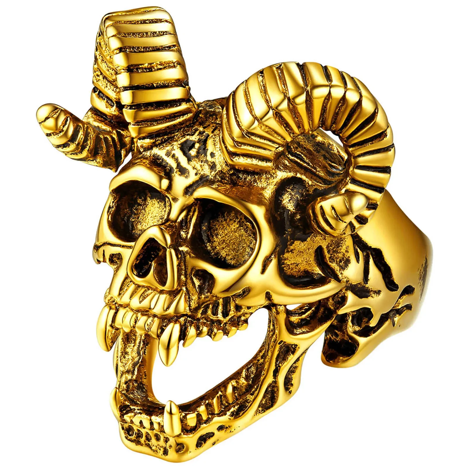 

ChainsPro Punk Stainless Steel/Gold Plated/Black Plated Satan Baphomet Goat Skull Head Biker Rings for Men Women CP781