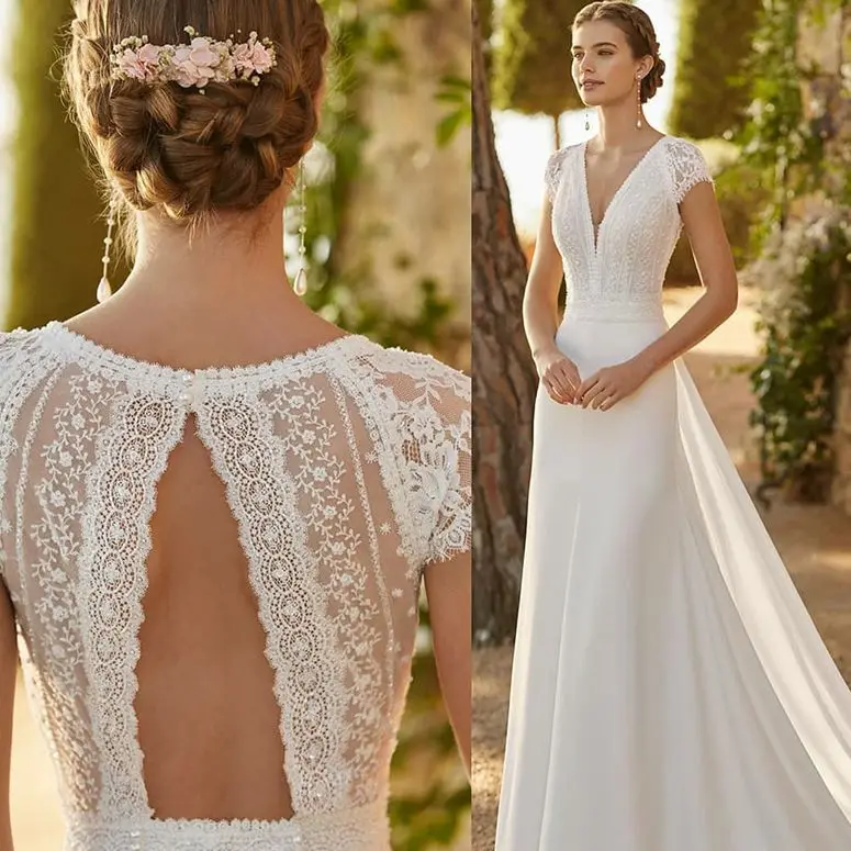 فستان زفاف عصري أنيق من الساتان والدانتيل مع ذيل قابل للانفصال ورقبة على شكل حرف V فستان زفاف طويل حورية البحر فيستدو دي نوفيا