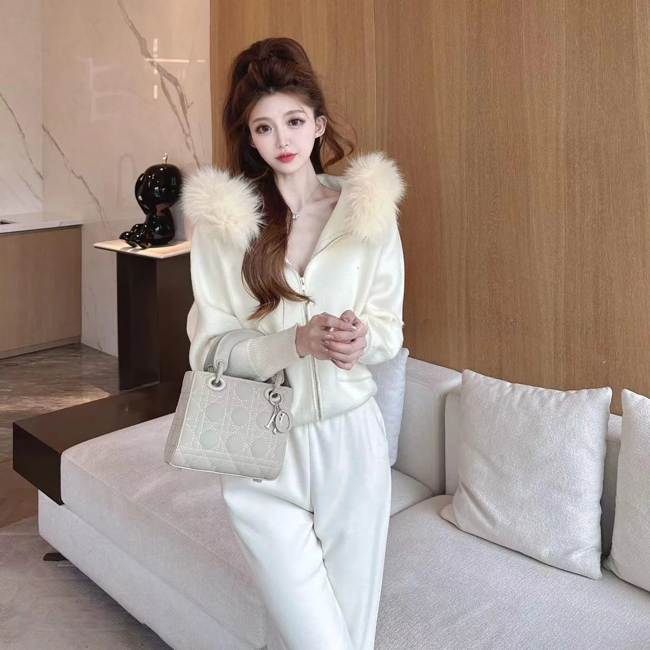 Ladies Thiened Knitted Coat with Fur Collar Spring Autumn New Sle Faionable Slimming Hooded Knitwear Women's Outerwear