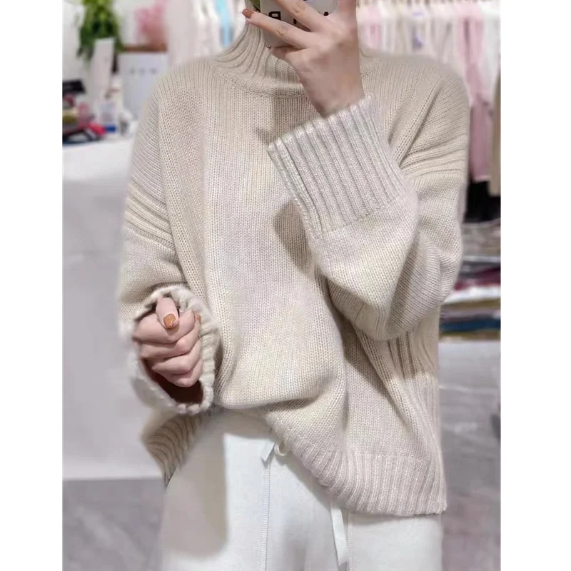 

European thickened high-necked pure cashmere sweater women autumn and winter lazy loose pullover sweater wool base sweater