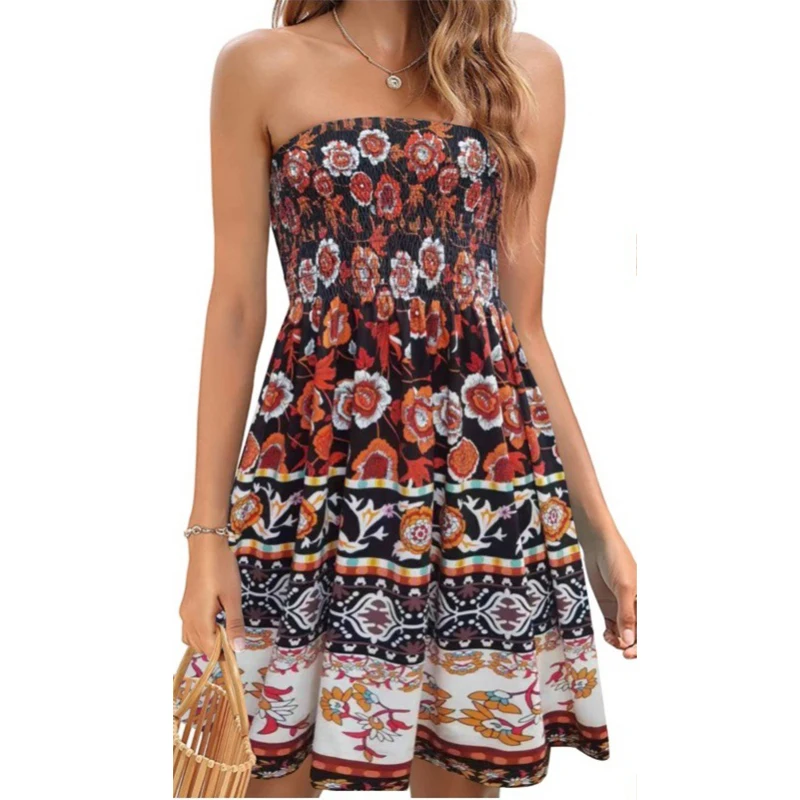 

Women's Spring/Summer Print Beach Vacation Sexy Bra Dress Strapless Sleeveless Patchwork Vintage Elegant Dresses For Women