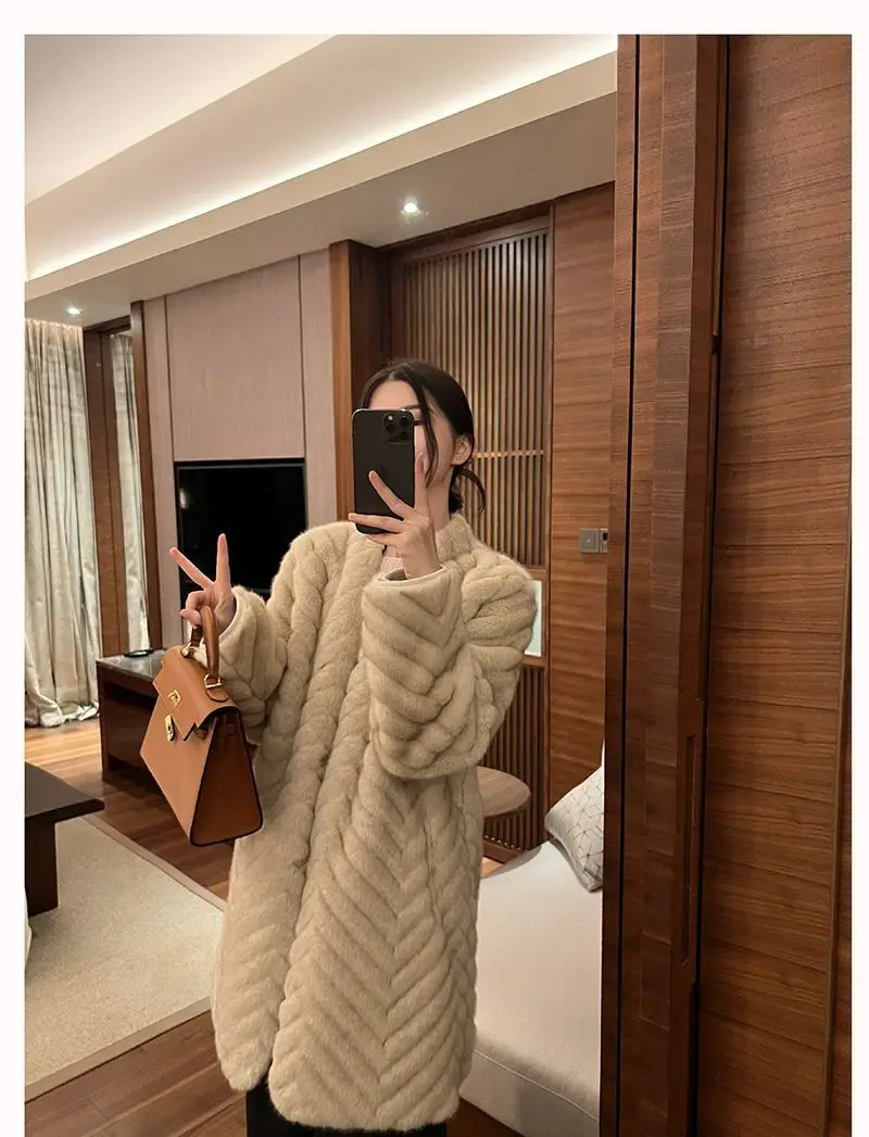 Faux Fur Elegant Coats Womens Raglan Knee Length Vacation Woman Korean Style Slim Cinched Waist Furs Minimalist White Bar Turn