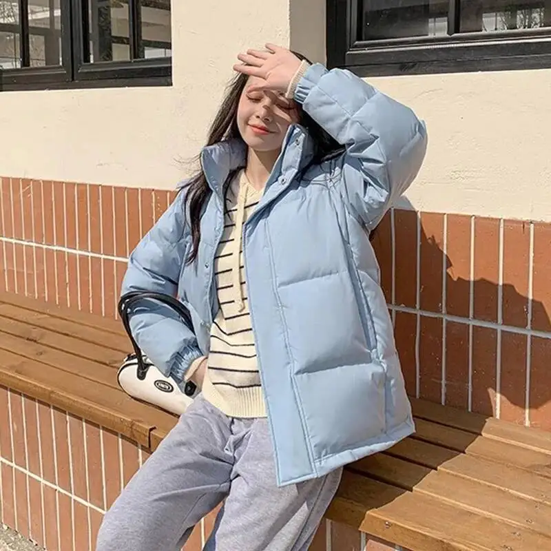 

New Korean Down Cotton Jacket Women Stand Collar Thick Warm Loose Puffer Hooded Parkas Woman Winter Snow Wear Padded Coat