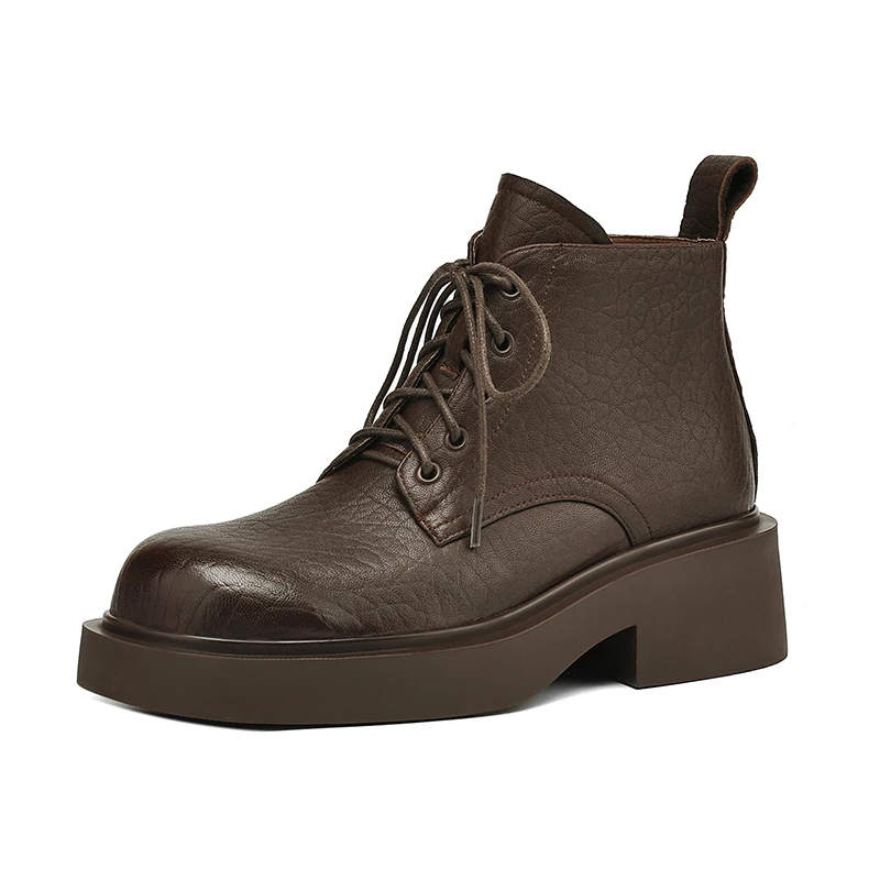 Genuine Leather Women Ankle Boots Lace Up Spring Autumn Sheepskin Woman Shoes Round Toe Mid Heel Winter Black Brown Retro Boots