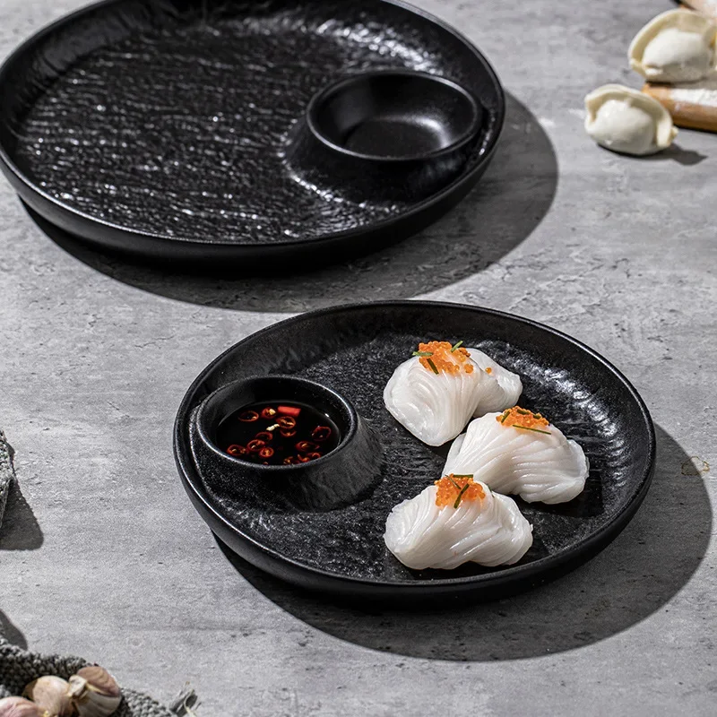 Round dumpling plate with vinegar plate, dumpling plate, dumpling dipping , seasoning, divided French fries household