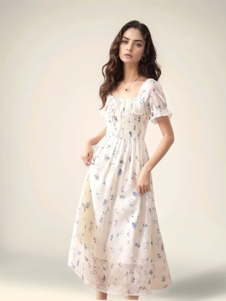 

Women Long Dress Fashion Sweet Floral New Slim Chiffon Seaside Vacation Beach Boho