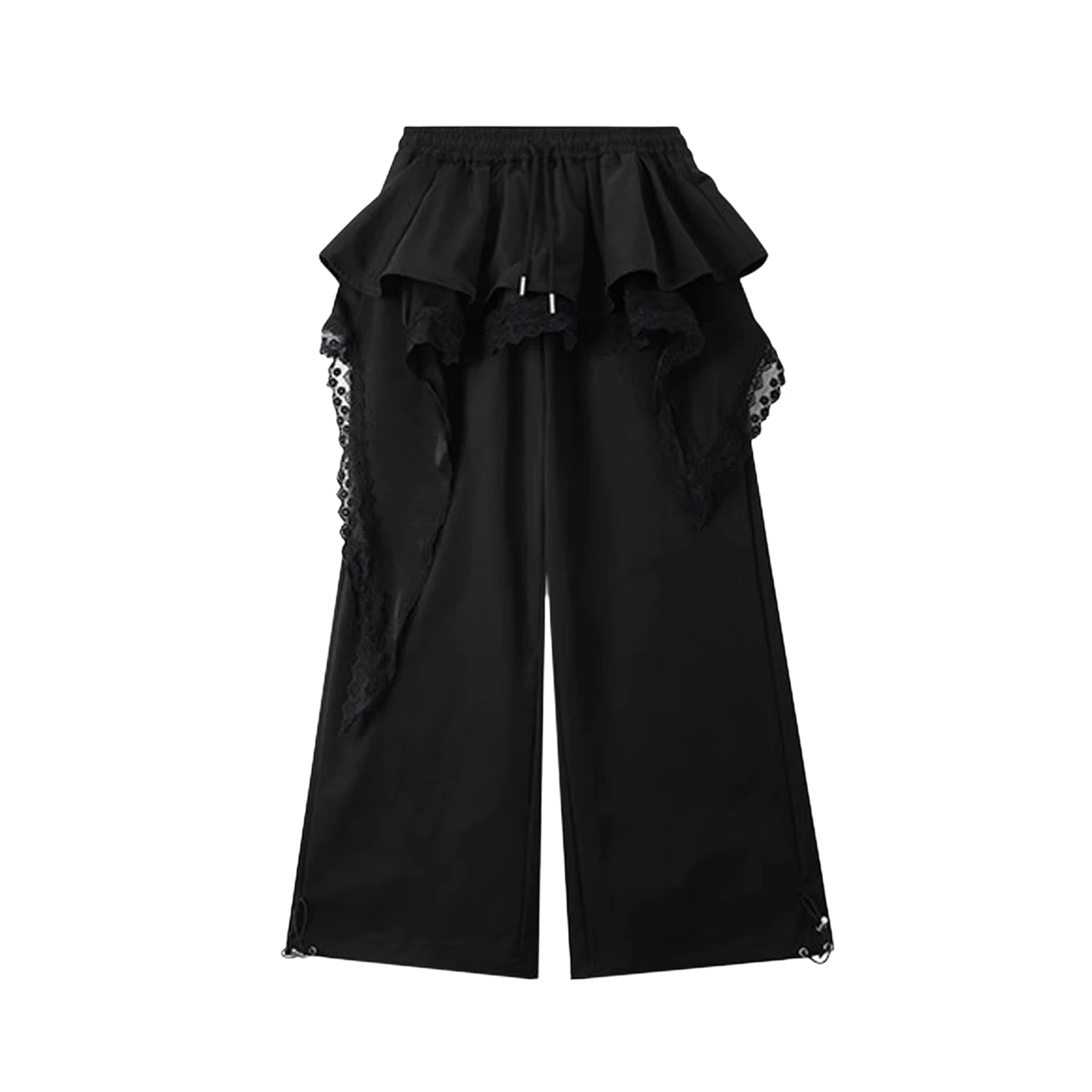 

Womens Stylish Cargo Pants with Tiered Ruffled Skirt Elastic Waistband Lace Patchwork Loose Long Pants for Hip-hop Dance