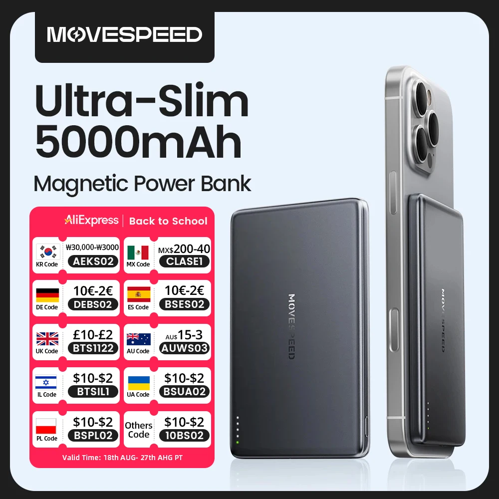 MOVESPEED S05 Banca di potere magnetica 5000mAh Batteria esterna wireless sottile per Powerbank MagSafe per iPhone 16 15 14 13 Samsung 24