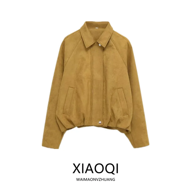 Winter 2025, schmal geschnittener Piloten-Jet-Mantel aus Wildlederimitat für Damen, lang, mit Reißverschluss, für den Pendelverkehr, Faion-Damenoberbekleidung