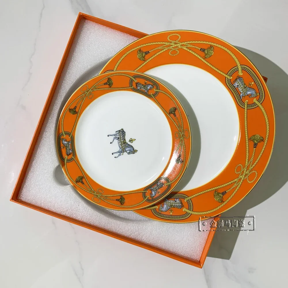 Luxury Bone China Dishes And Plates Porcelain Cake Dish Pastry Fruit Tray Ceramic Tableware Steak Dinner Plates