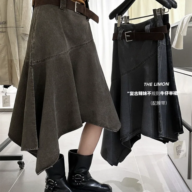 Spring and Autumn Maillard Irregular Washed Thick Denim Fried Flower Craft Skirt with Belt