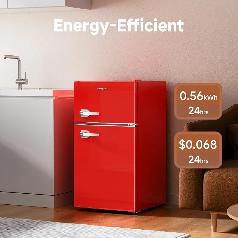 BANGSON Mini Fridge with Freezer, 3.2 CU.FT Small Refrigerator with Freezer, Door Handle, Bottle Opener, For Bedroom, Dorm