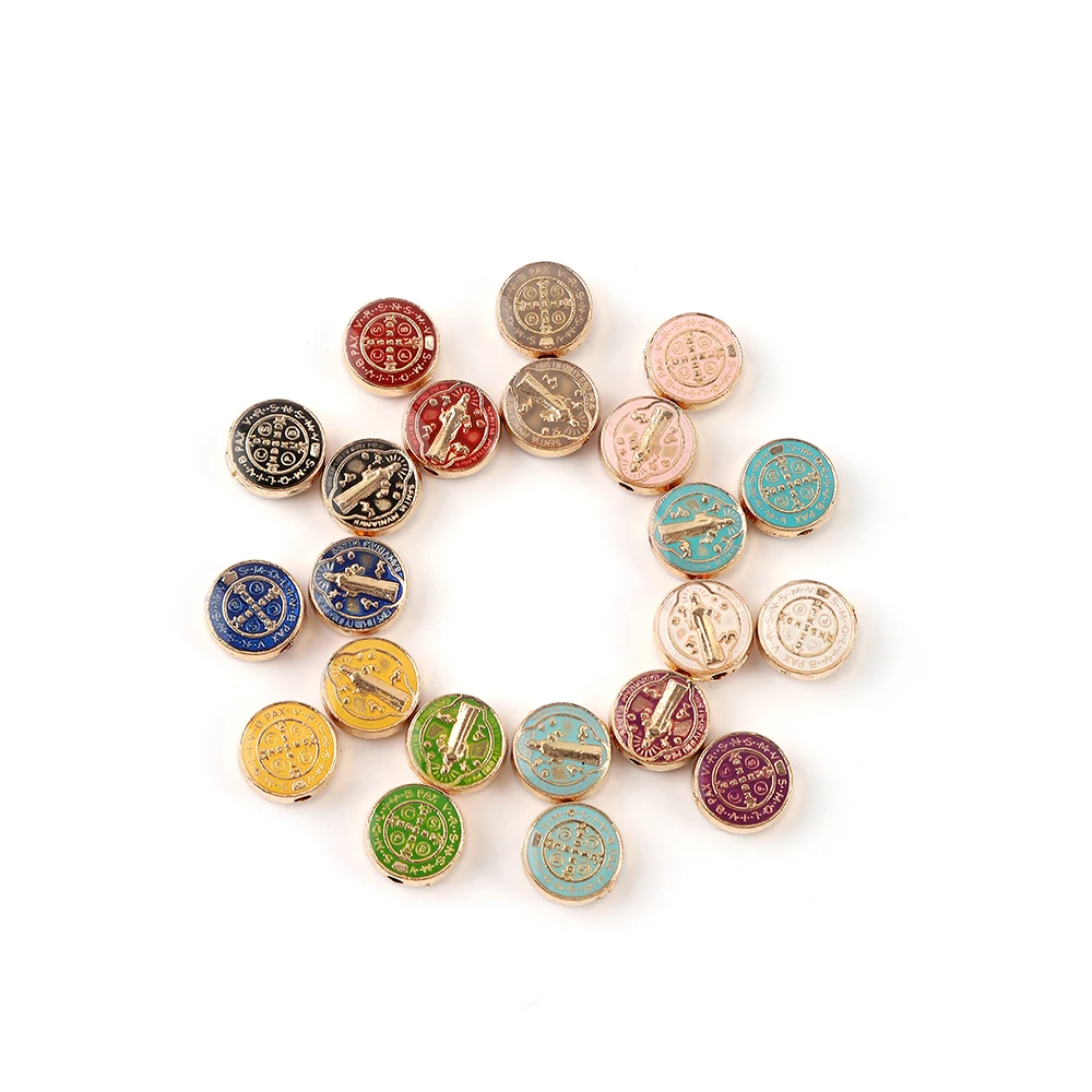 10PcsMulticolor Saint Benedict Medals Religious Catholic Medals Gold Plated Medal Coin San Benito Favors Gifts Samll beads Charm