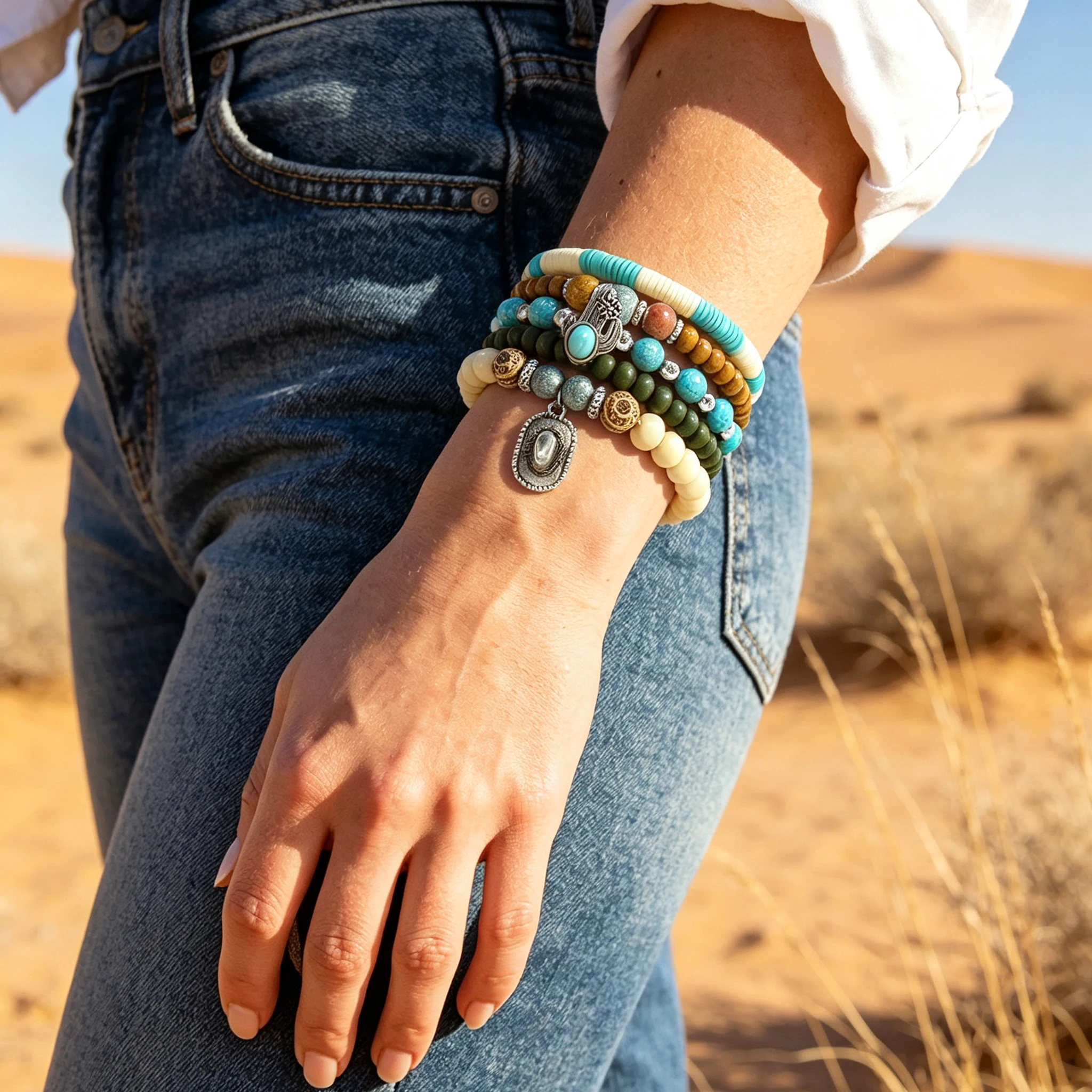 5-Piece Western Country Hat Cactus Stackable Bracelets Jewelry Women Men Heishi Turquoise Wooden Bead Elastic Bangle Bohemian