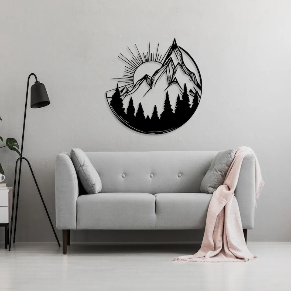 Modern Geometric Mountain Sunset Metal Wall Art - Minimalist Line Decor