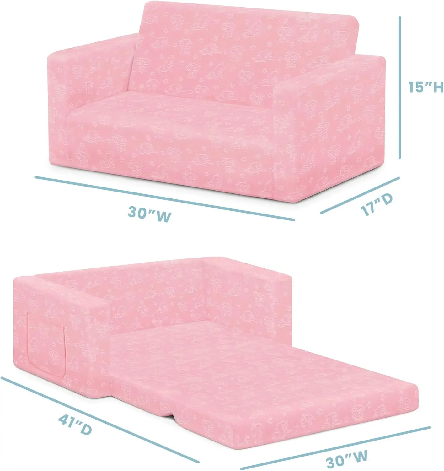 أريكة قابلة للتحويل إلى أريكة للأطفال - أريكة/نائمة قابلة للطي 2 في 1، وردي، بعرض 30 بوصة #3
