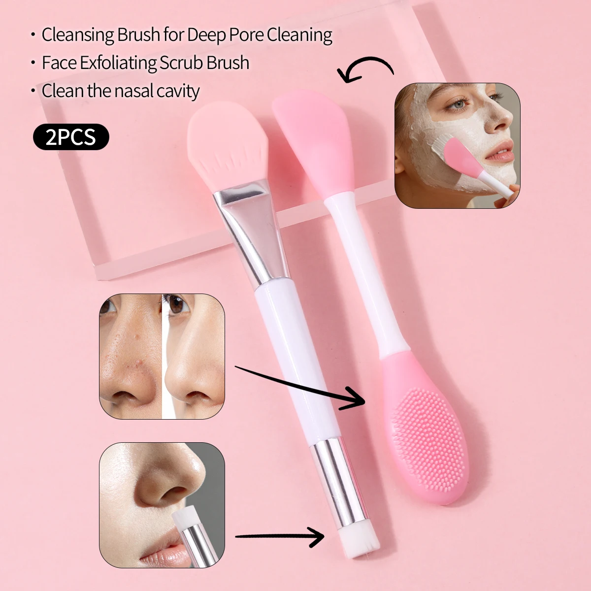 Special Offer Pink Plastic Handle Silicone Facial Mask Brush, Nose Cleaning Brush, Double‑Head Silicone Massage & Cleansing Tool