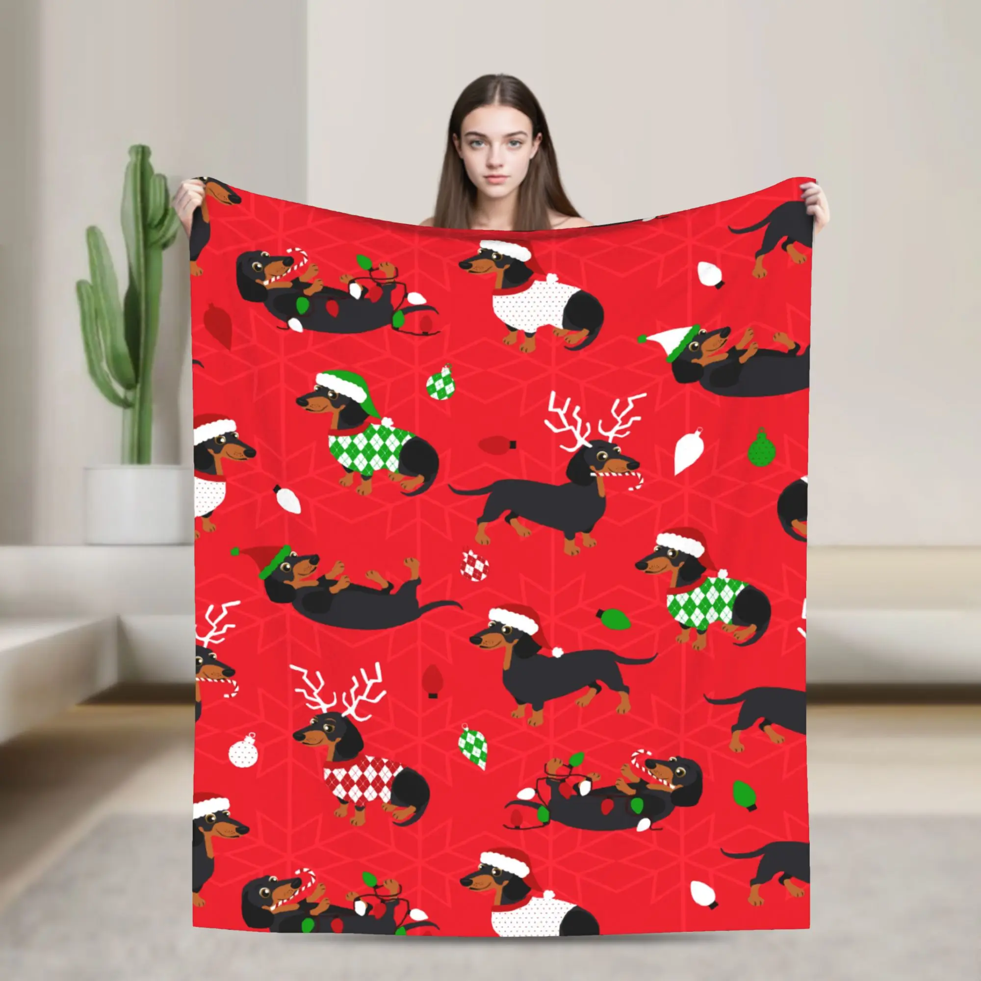 

Christmas Dachshunds Red Blankets Fleece Spring Autumn Dog Multifunction Warm Throw Blanket for Sofa Bedroom Bedspread