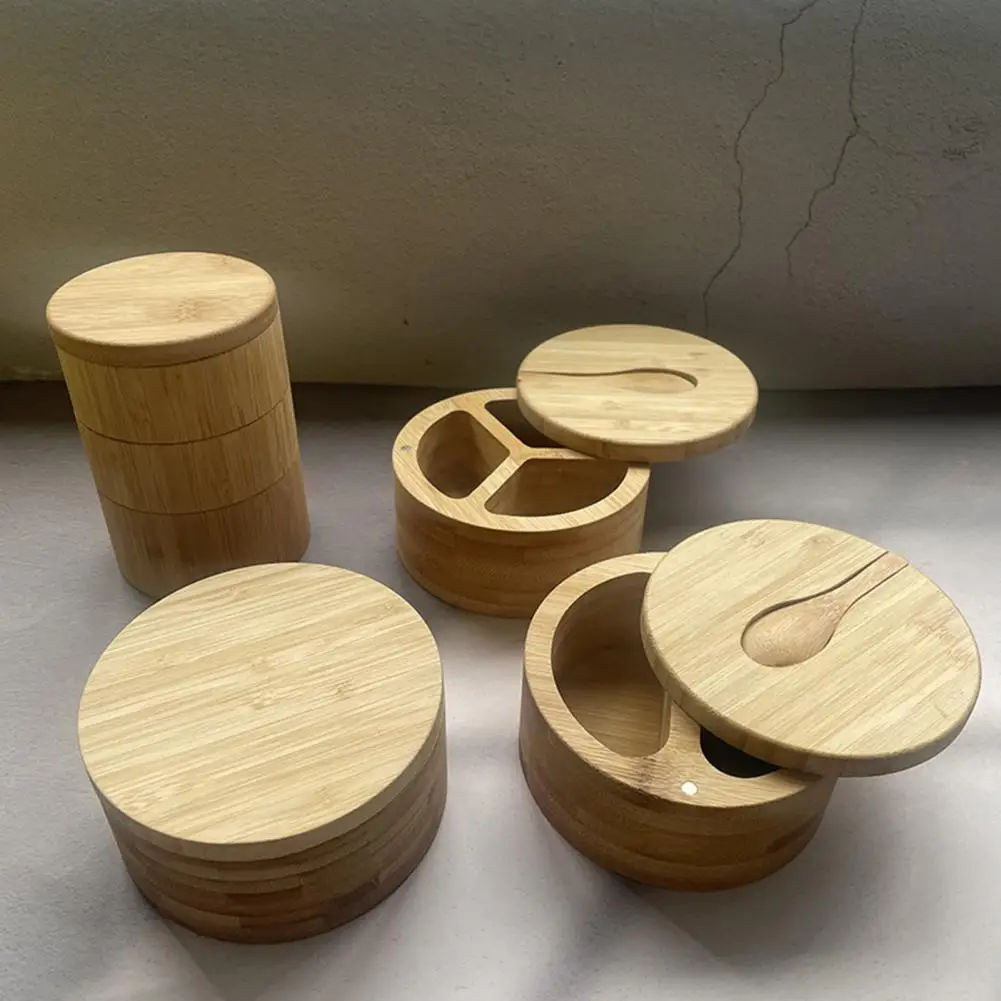 

Bamboo Seasoning Storage Box with Magnetic Swivel Lid Wooden Salt Cellar Pepper Sugar Spice Holder Round Container Bowl Kitchen