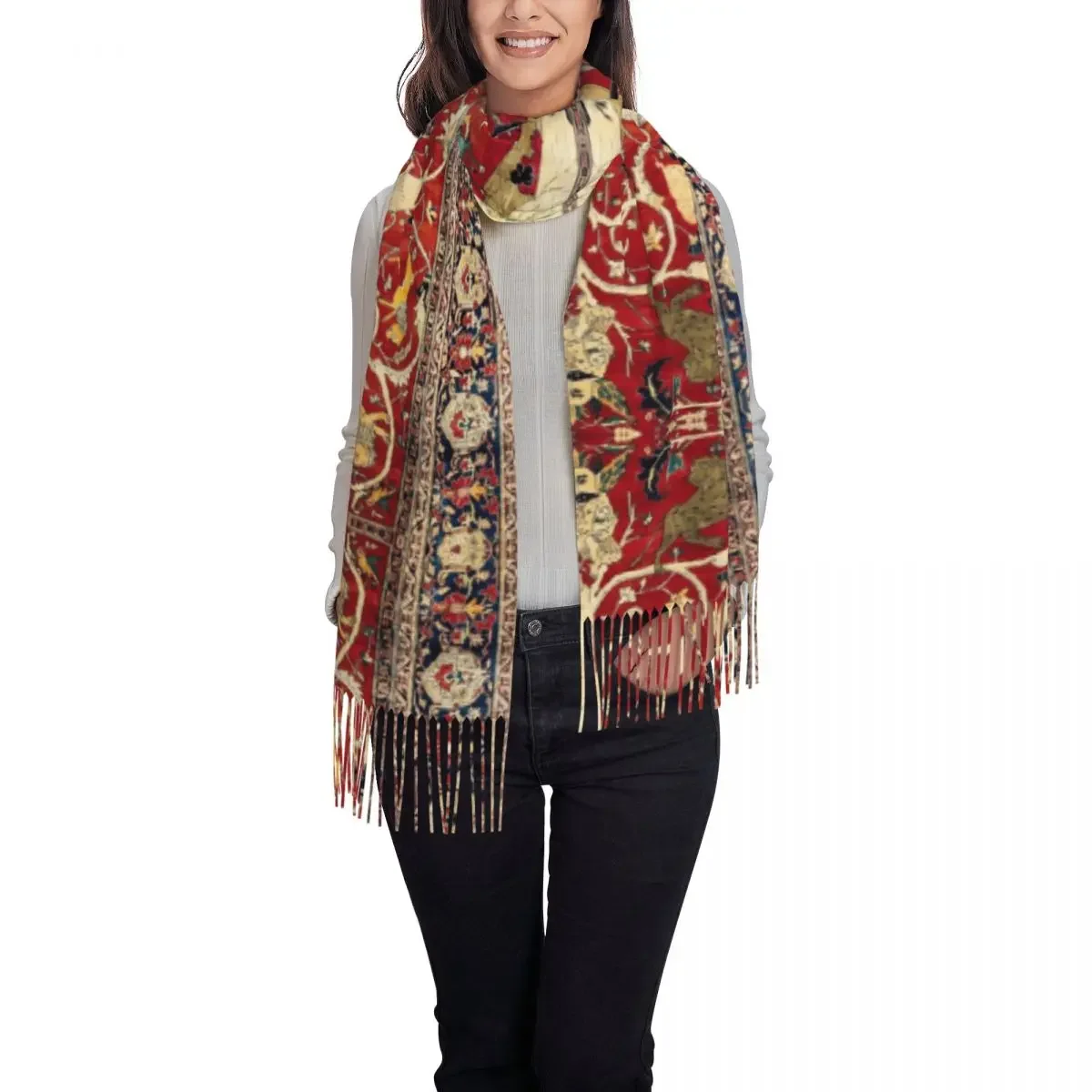 Bufandas largas Bohemias de seda para mujer, alfombra persa antigua, chal grueso y cálido con borlas, envolturas étnicas turcas, Kilim, Invierno