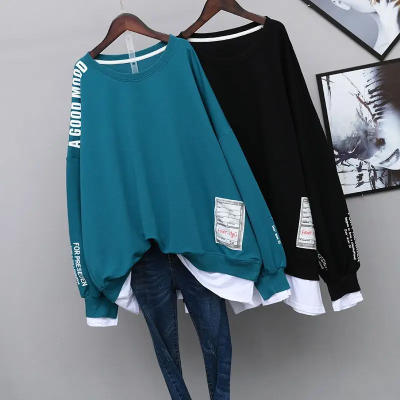 Loose Women\'s Sweatshirts Black Spring and Autumn Female Top Baggy Long Splicing Pullovers Designer Kpop Outerwears Nice Color E