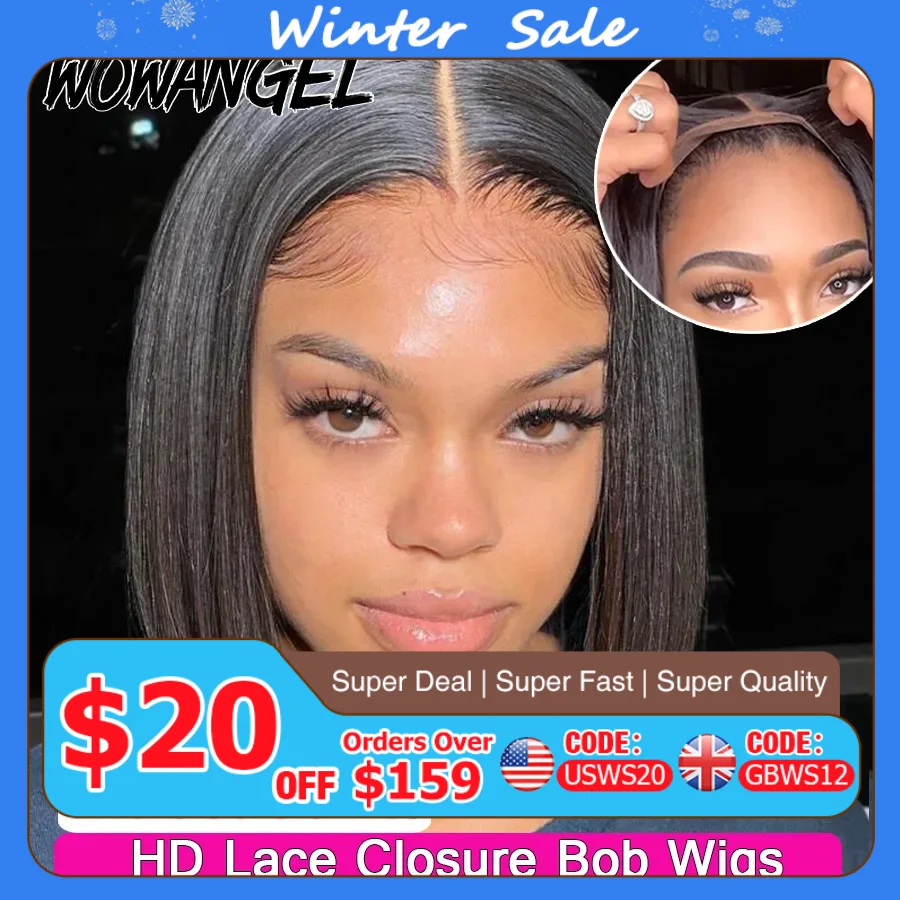 WOWANGEL Straight Bob Wig 5X5 HD Lace Closure Wig Ready To Wear Glueless Wig 250% Bob Wig Lace Front Human Hair Wigs Pre Plucked