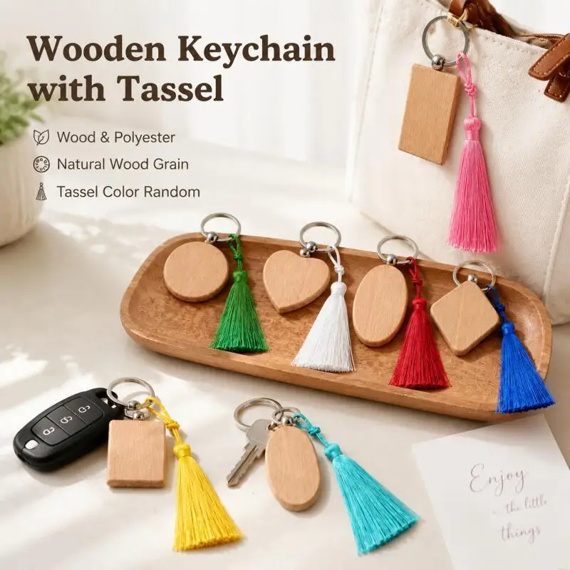 20~5 Stück Unbehandelte Holz-Schlüsselanhänger-Rohlinge für Lasergravur DIY-Anhänger Bastelgeschenkset mit Quaste – Detail 6