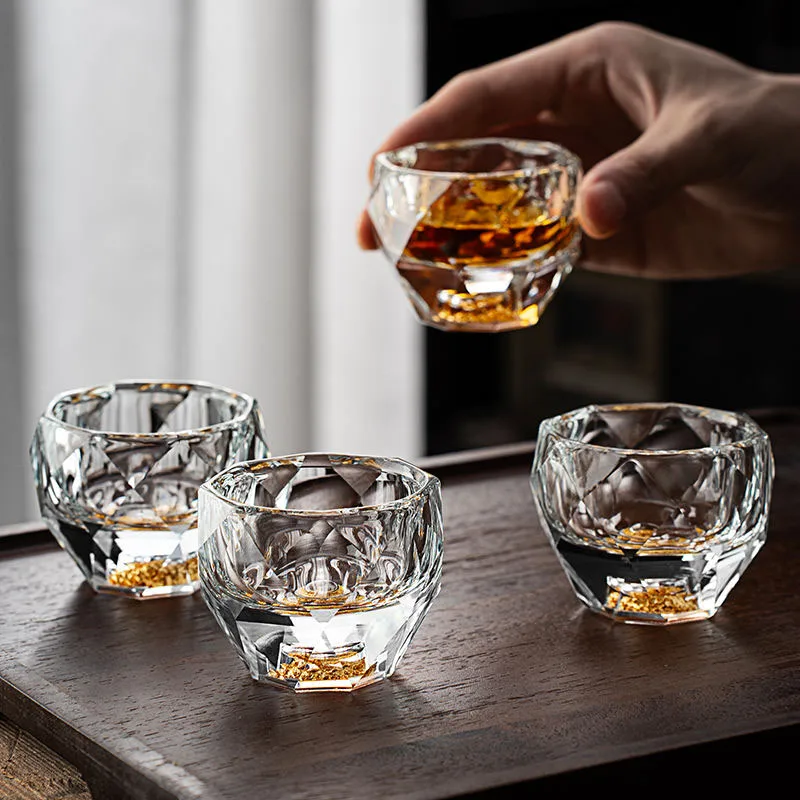 1Pc 1.5Oz Shot Glass with Double Bottom Crystal Facet Lead Free Glass Cup for Whisky Black Tea Cups Drinkware