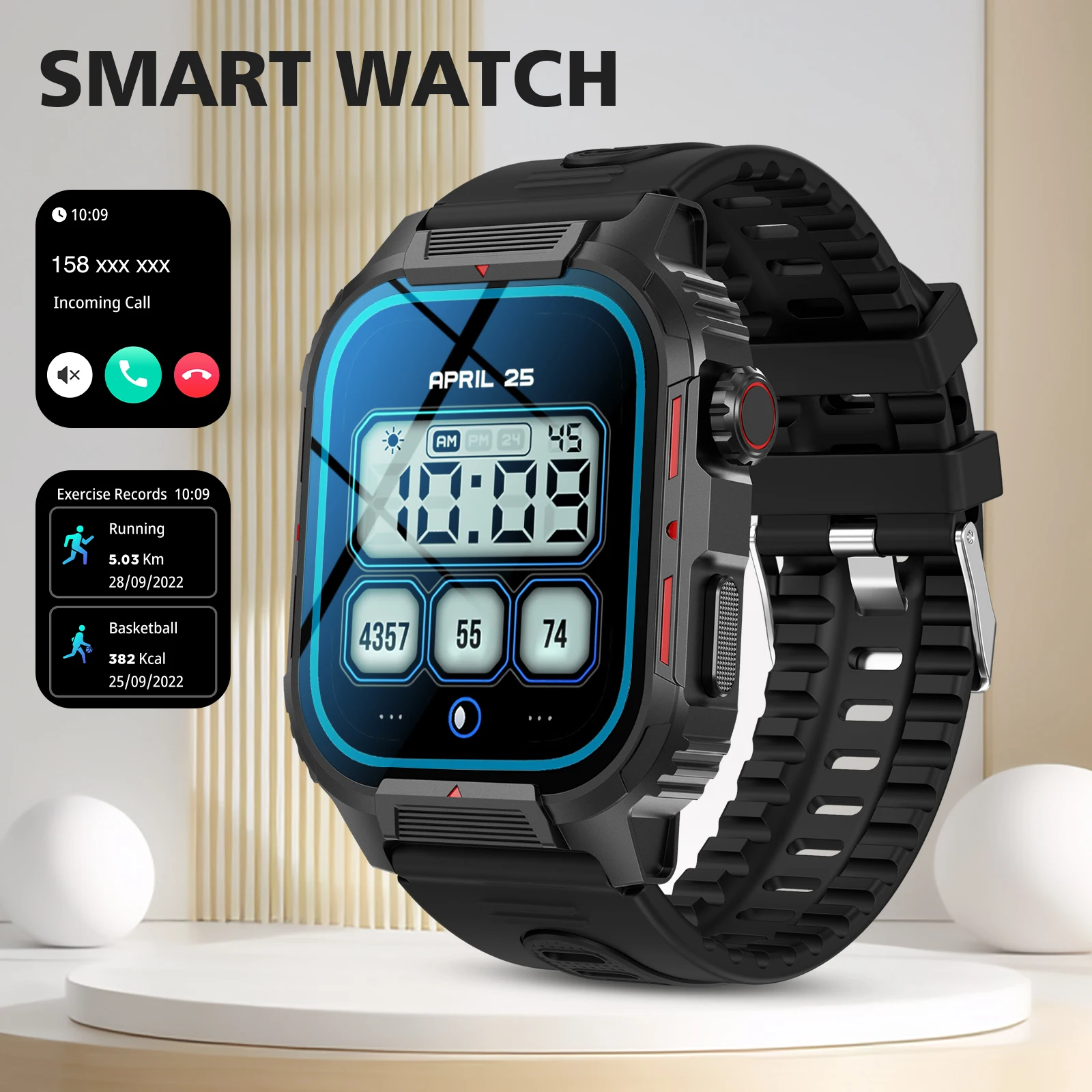 

Smart Watch with Fitness Tracker, Bluetooth, Call Notifications, and Health Monitoring Compatible with Android and IPhone.